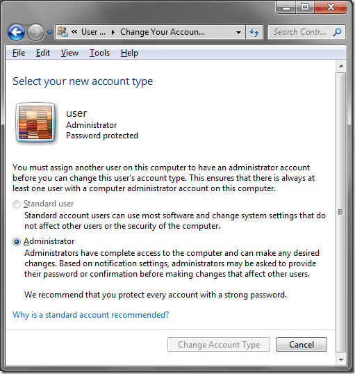 Selección del tipo de cuenta de Windows 7