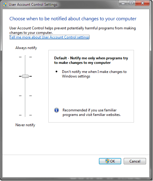 Configuración de control de cuentas de usuario en Windows 7 (UAC)