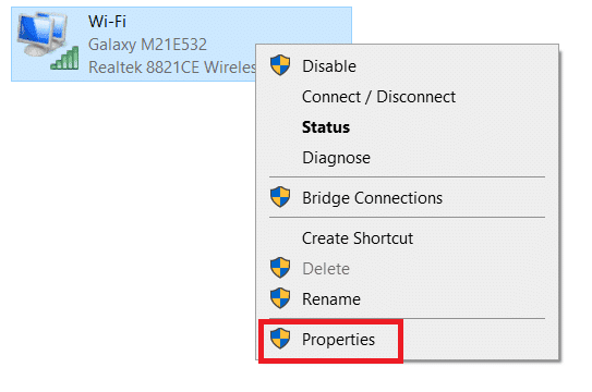 Haga clic con el botón derecho en WiFi y seleccione Propiedades en el menú contextual.  Cómo reparar el error FFXIV 90002 en Windows 10
