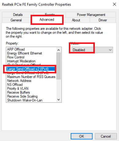 cambie el valor a Deshabilitado