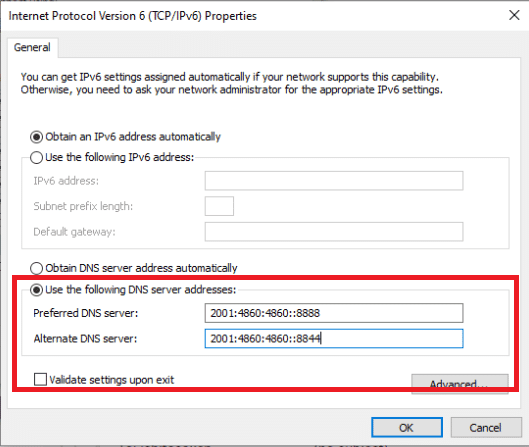  select Internet Protocol Version 6 (TCP / IPv6) from the list and use the following DNS server addresses