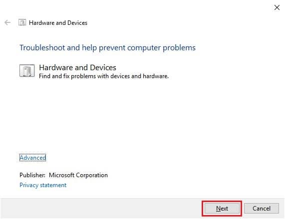 Haga clic en el botón Siguiente para ejecutar el solucionador de problemas de hardware y dispositivos. Solucionar el error Alps SetMouseMonitor en Windows 10