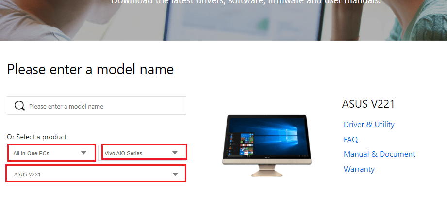 Página de descarga del controlador Asus. Solucionar el error Alps SetMouseMonitor en Windows 10
