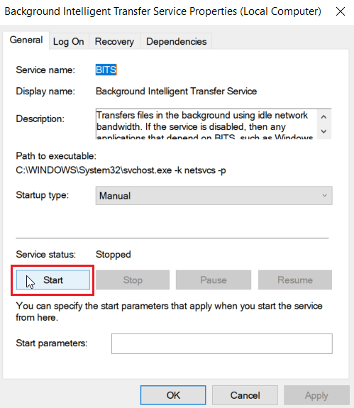 En la sección de estado del servicio, haga clic en Iniciar.  Solucionar el error 0x800705b3 en Windows Update