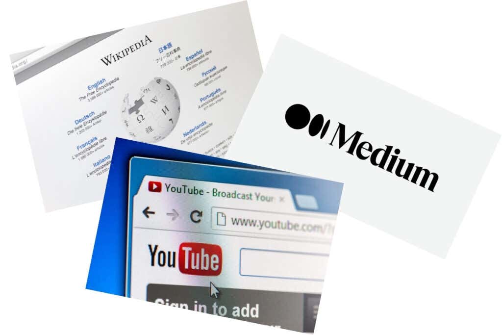 imagen de Wikipedia, logotipo de Medium y Youtube
