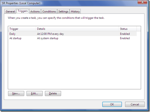 Propiedades de restauración del sistema - Activadores