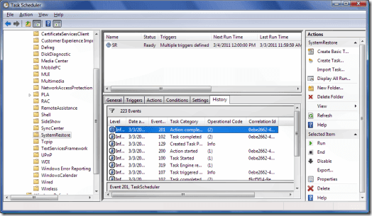 Historial de restauración del sistema