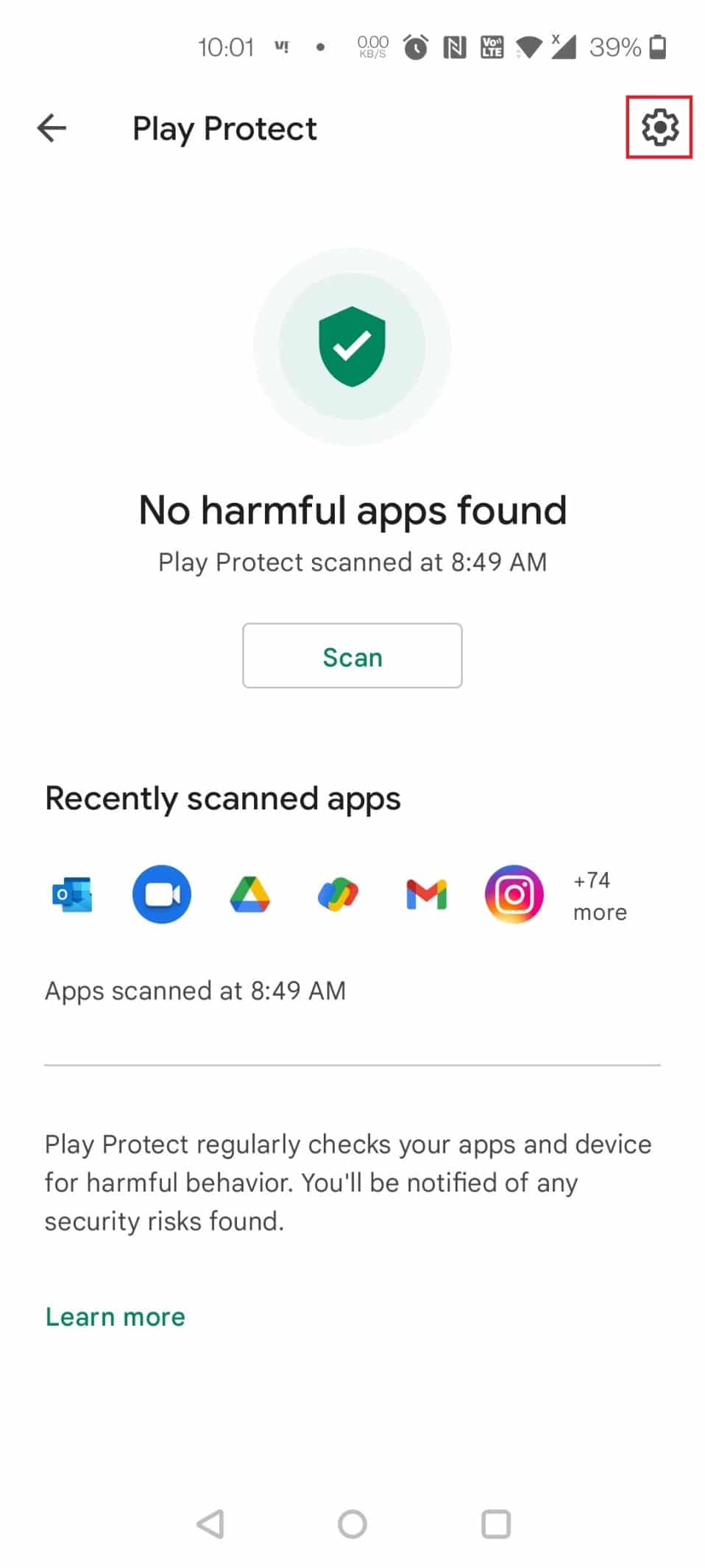 Toque Configuración en la esquina superior derecha de la pantalla. Arreglar ventana emergente de virus en Android