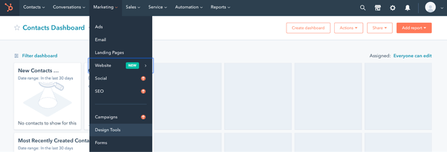 opción de herramientas de diseño en hubspot