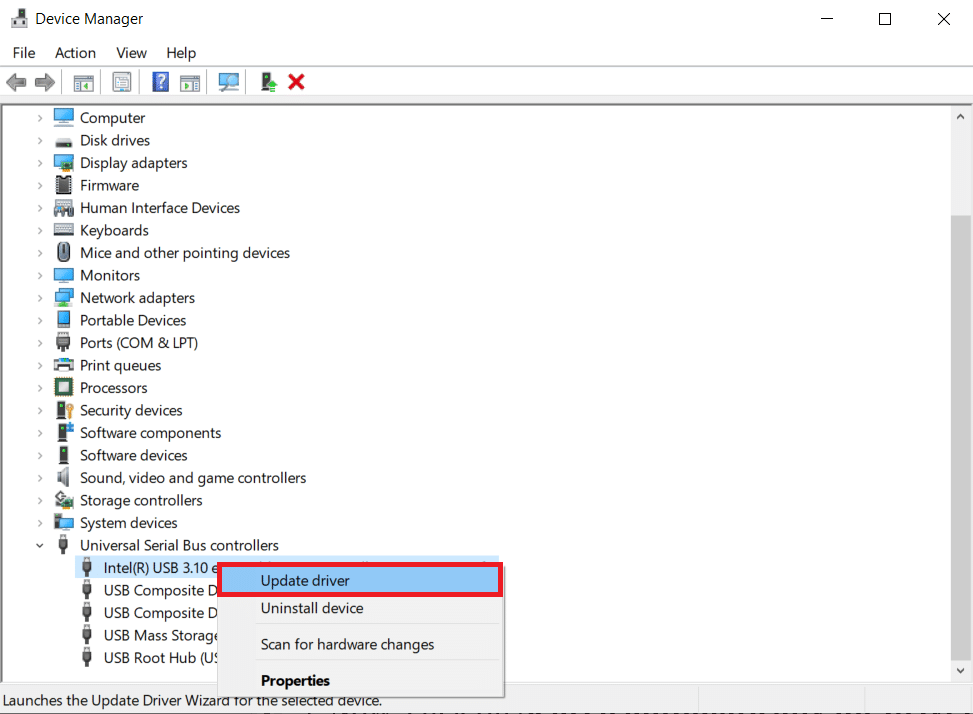 haga clic derecho en cualquier controlador USB y haga clic en Actualizar controlador