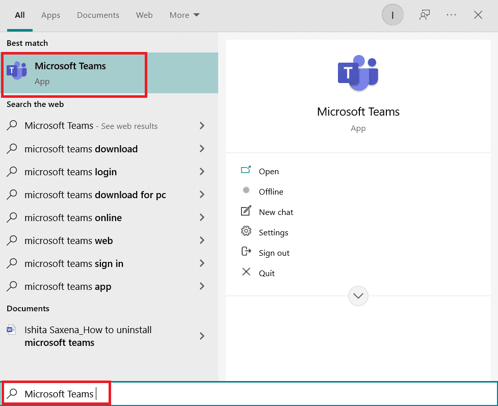 inicie Microsoft Teams buscándolo en la barra de búsqueda de Windows y haciendo clic en él.  Cómo desenfocar el fondo en los equipos de Microsoft