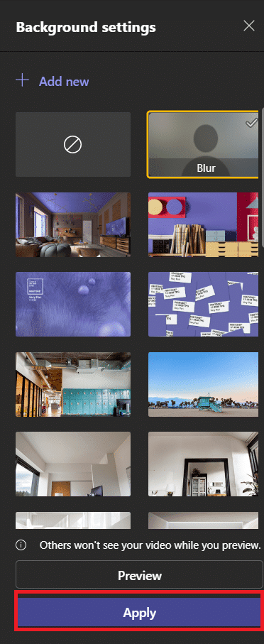 Pantalla de configuración de fondo.  Cómo desenfocar el fondo en los equipos de Microsoft