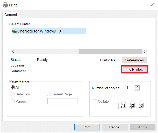 Haga clic en Buscar impresora en la ventana Imprimir