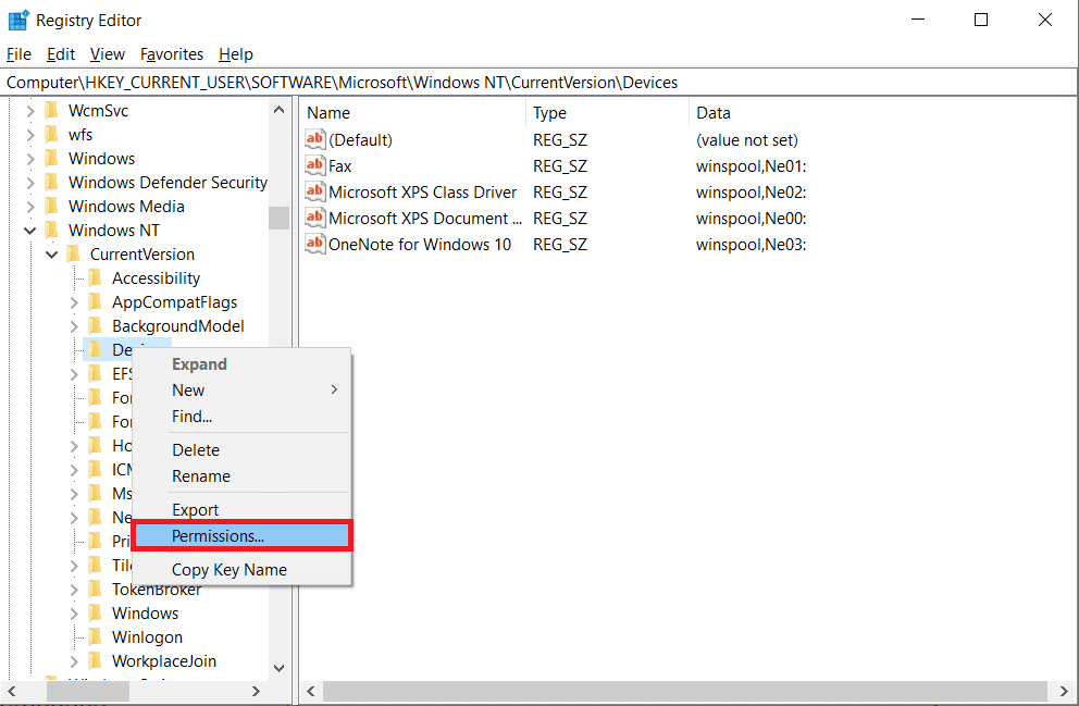 haga clic derecho en Dispositivos en el panel izquierdo y seleccione la opción Permisos