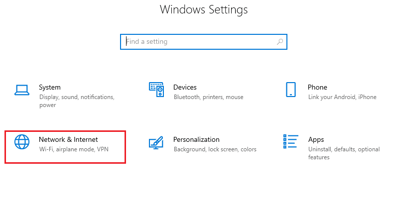 Presione las teclas Windows e I juntas en su PC y seleccione la opción Red e Internet