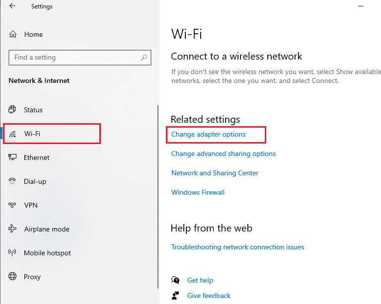 Ahora, seleccione Wi-Fi en el panel izquierdo.  desplácese hacia abajo en la pantalla derecha y haga clic en Cambiar opciones de adaptador