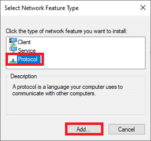 seleccione la opción Protocolo y haga clic en Agregar... Reparar Los servicios de dominio de Active Directory no están disponibles actualmente en Windows 10