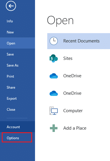 En su aplicación de Office, vaya a Archivo desde la barra de menú seguido de Opciones.