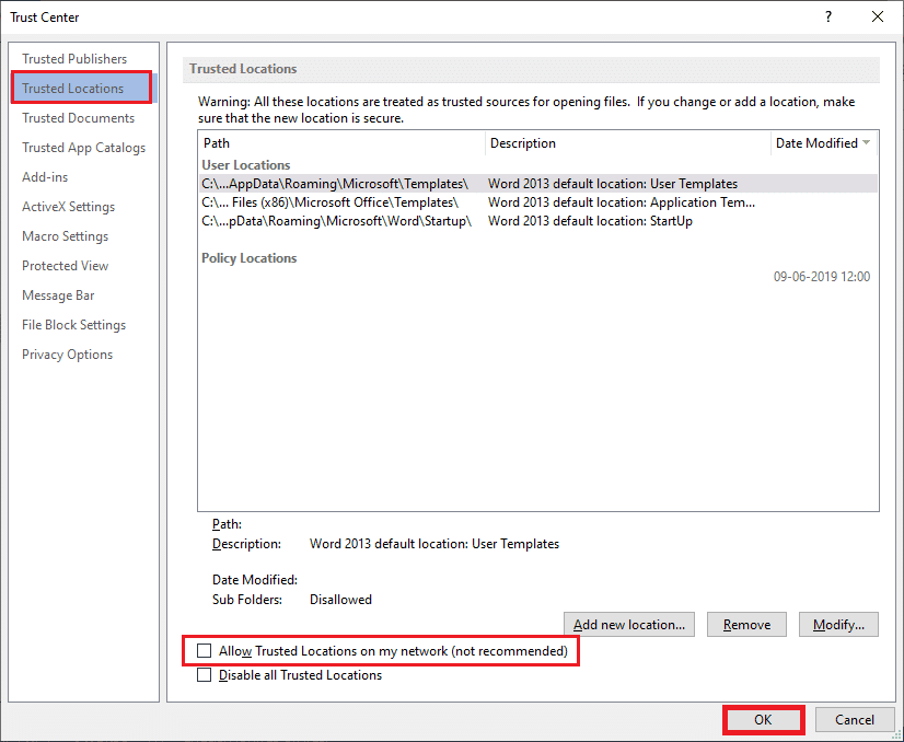 haga clic en la casilla junto a Permitir ubicaciones de confianza en mi red (no recomendado) y haga clic en Aceptar