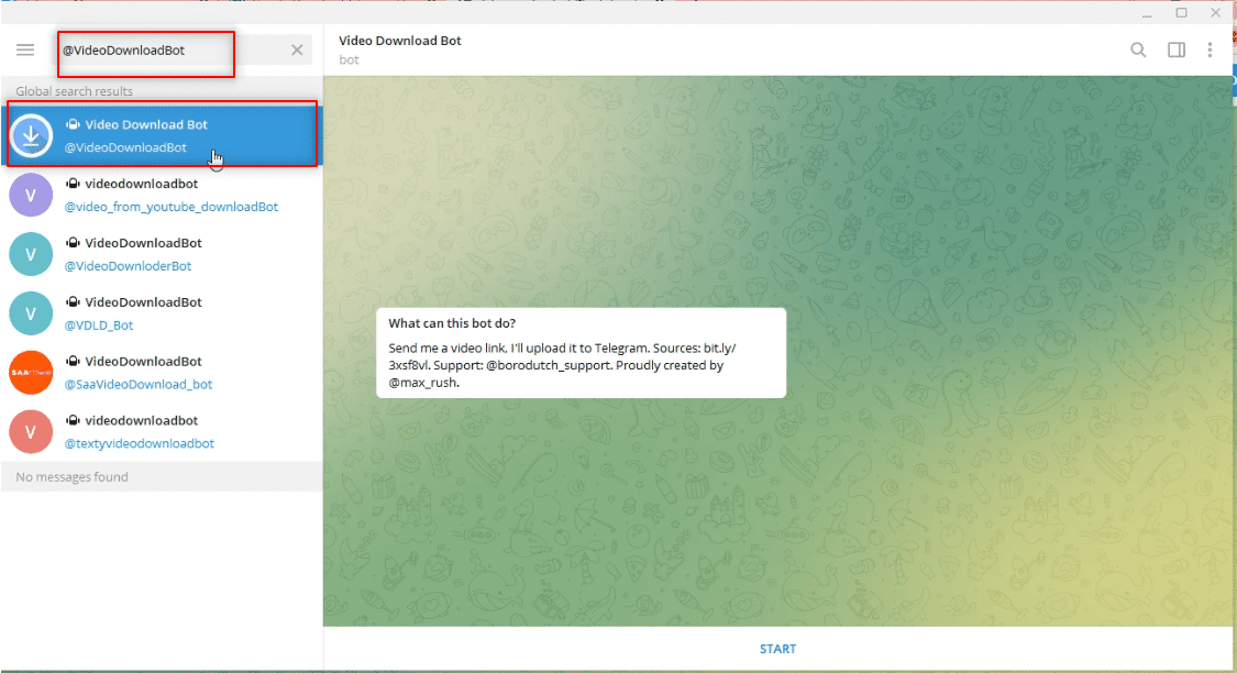 Busque VideoDownloadBot.  Cómo descargar videos de Telegram
