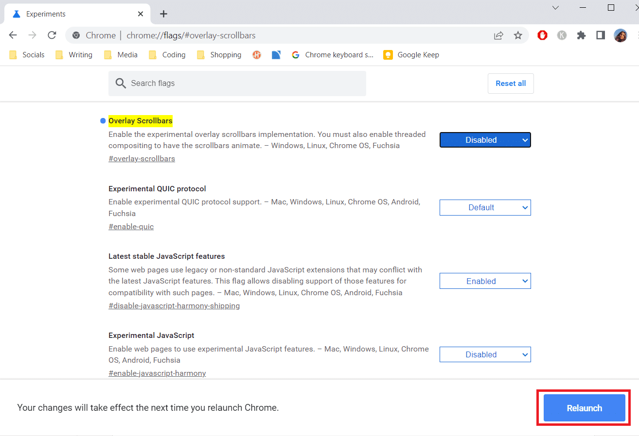 Botón de reinicio.  Arreglar la barra de desplazamiento de Chrome desaparece en Windows 10