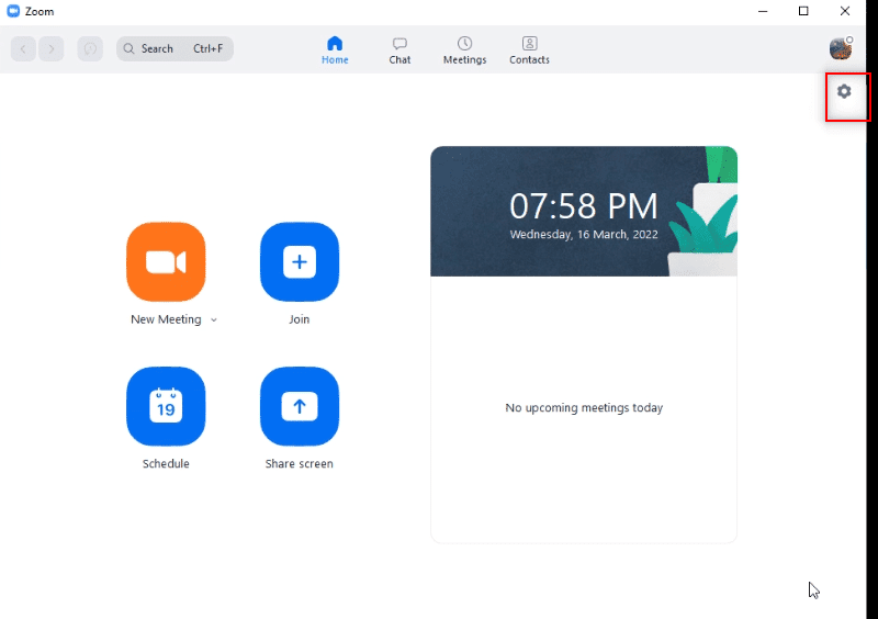 Haga clic en la opción Configuración.  Cómo usar la cámara instantánea en Zoom