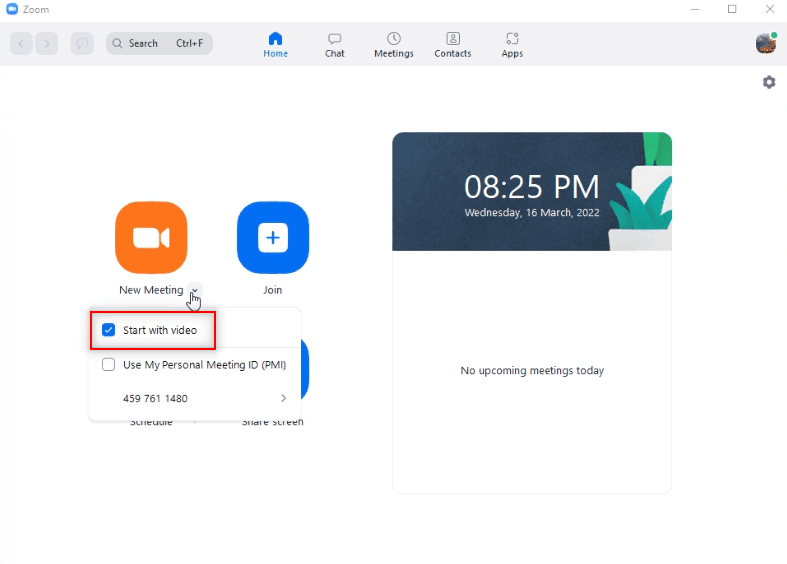 haga clic en la opción Comenzar con video.  Cómo usar la cámara instantánea en Zoom