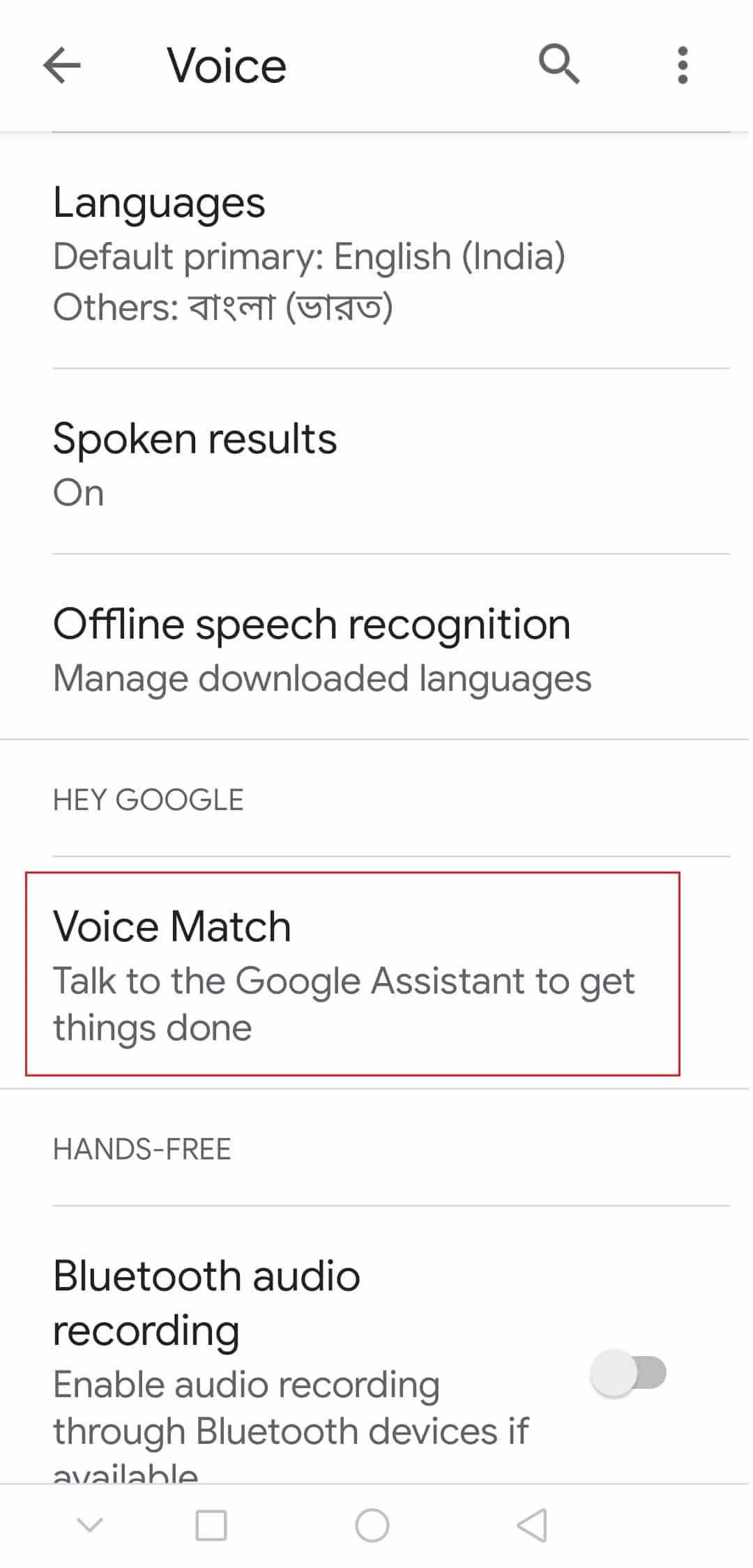 toque la coincidencia de voz en la configuración de voz de Google en Android