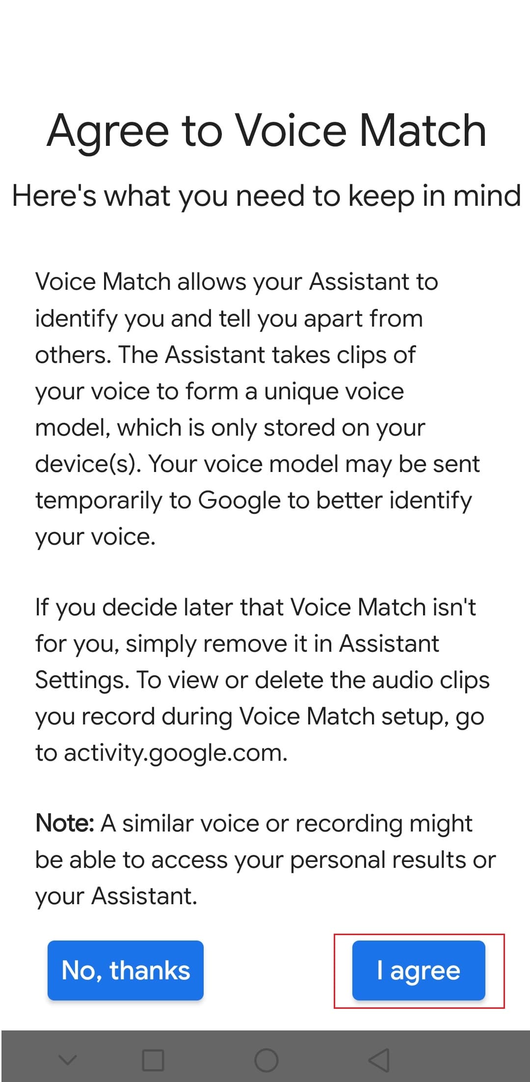 haga clic en Acepto para aceptar la coincidencia de voz en la aplicación Google Android