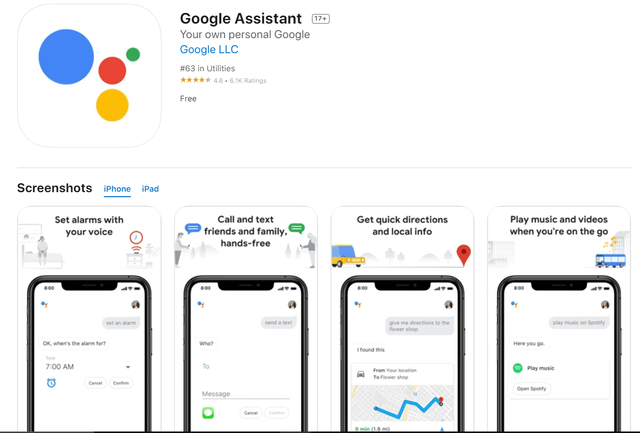 Página de la tienda de Apple de la aplicación para iOS Asistente de Google