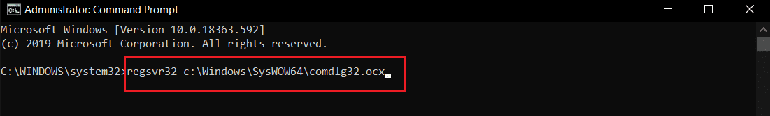 cmd o comando del símbolo del sistema para volver a registrar el archivo en un sistema de 64 bits
