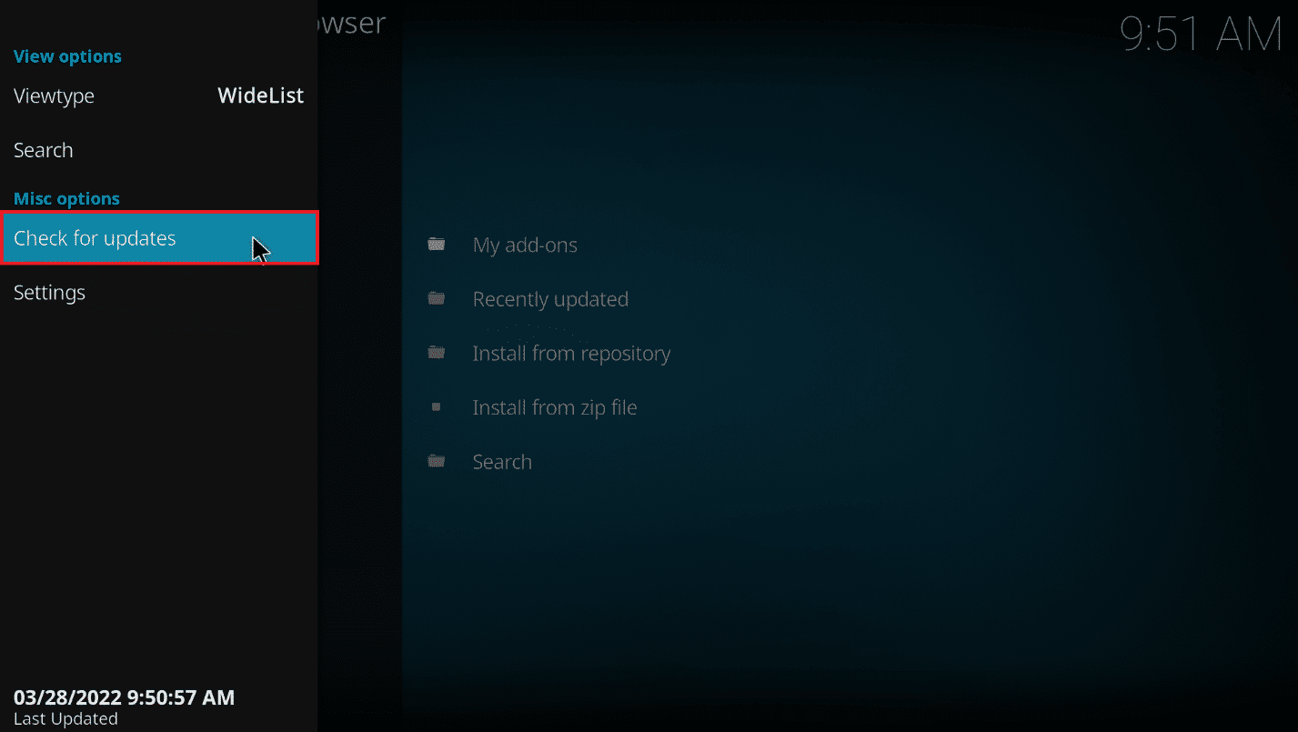 Haga clic en la opción Buscar actualizaciones.  Cómo optimizar Kodi