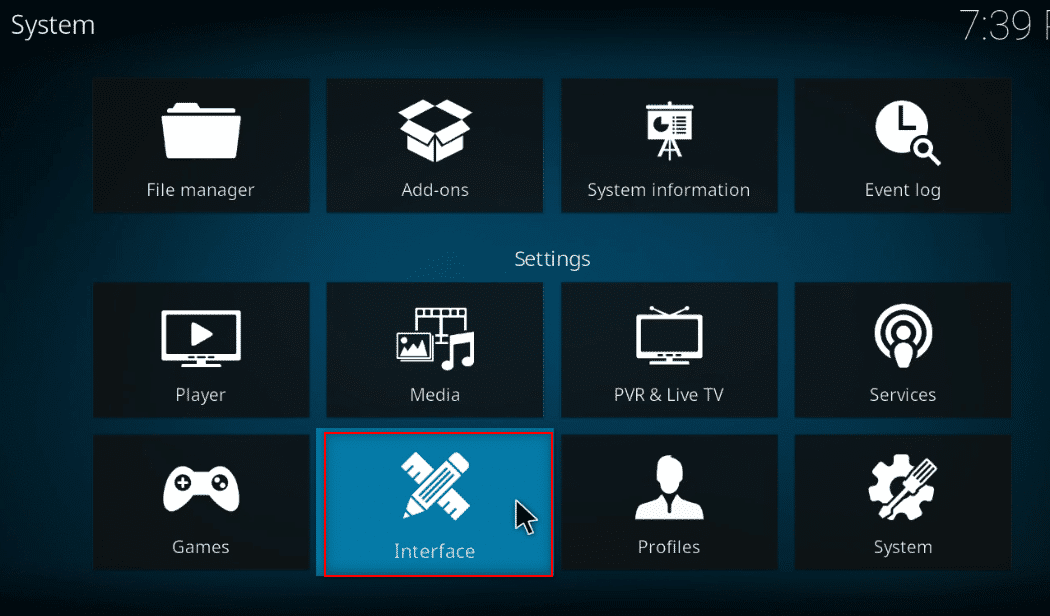Haga clic en Configuración de la interfaz.  Cómo optimizar Kodi