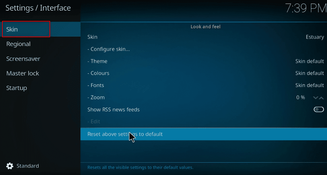 Seleccione la configuración Skin en el panel izquierdo de la nueva ventana