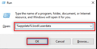 Escriba kodi userdata en la barra y haga clic en el botón Aceptar