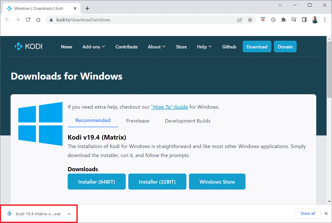 Haga clic en el archivo de instalación descargado en la parte inferior de la ventana.  Cómo optimizar Kodi