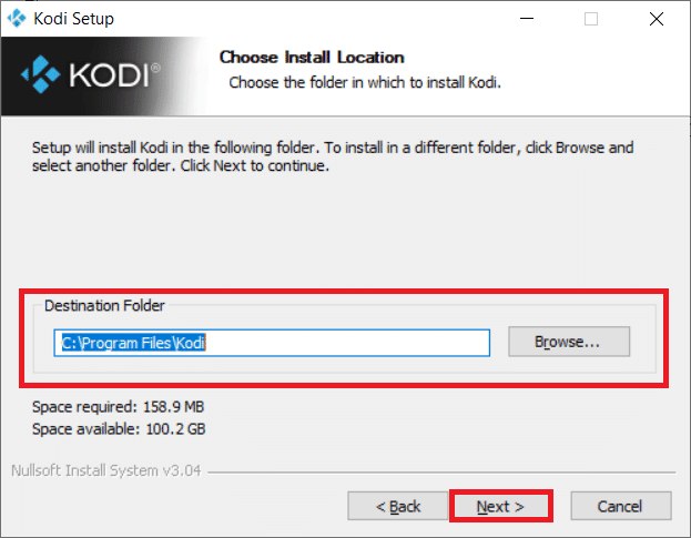 Busque la carpeta de destino y haga clic en Siguiente.  Cómo optimizar Kodi