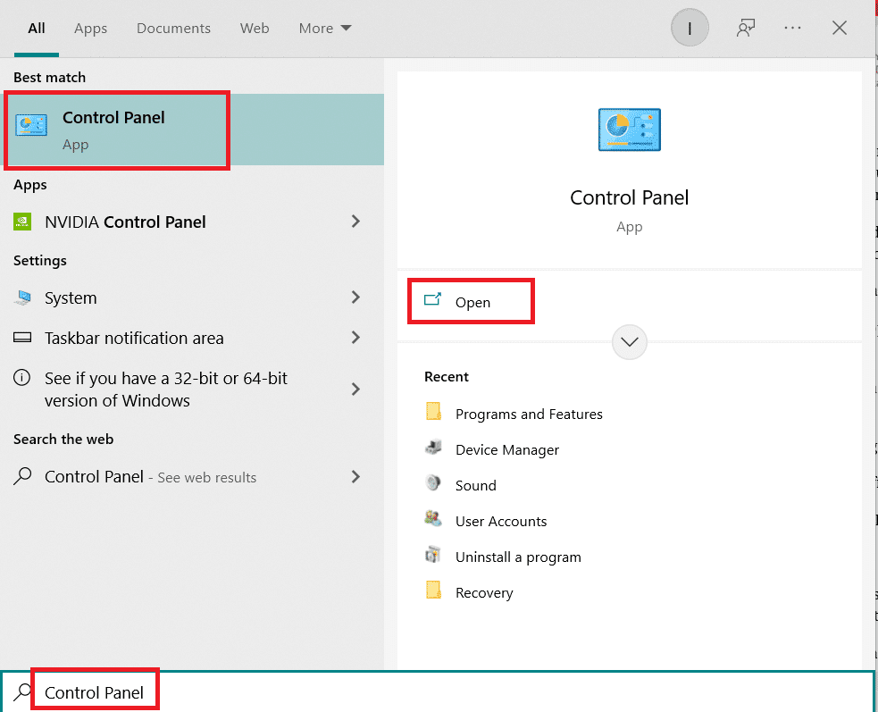 Panel de control en la barra de búsqueda de Windows.  Arreglar el error del proceso MoUsoCoreWorker.exe