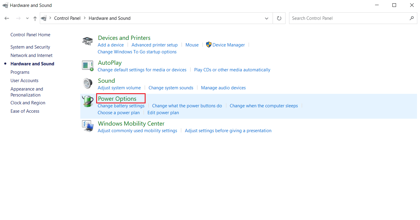 Opción Opciones de energía.  Arreglar el proceso MoUSO Core Worker en Windows 10
