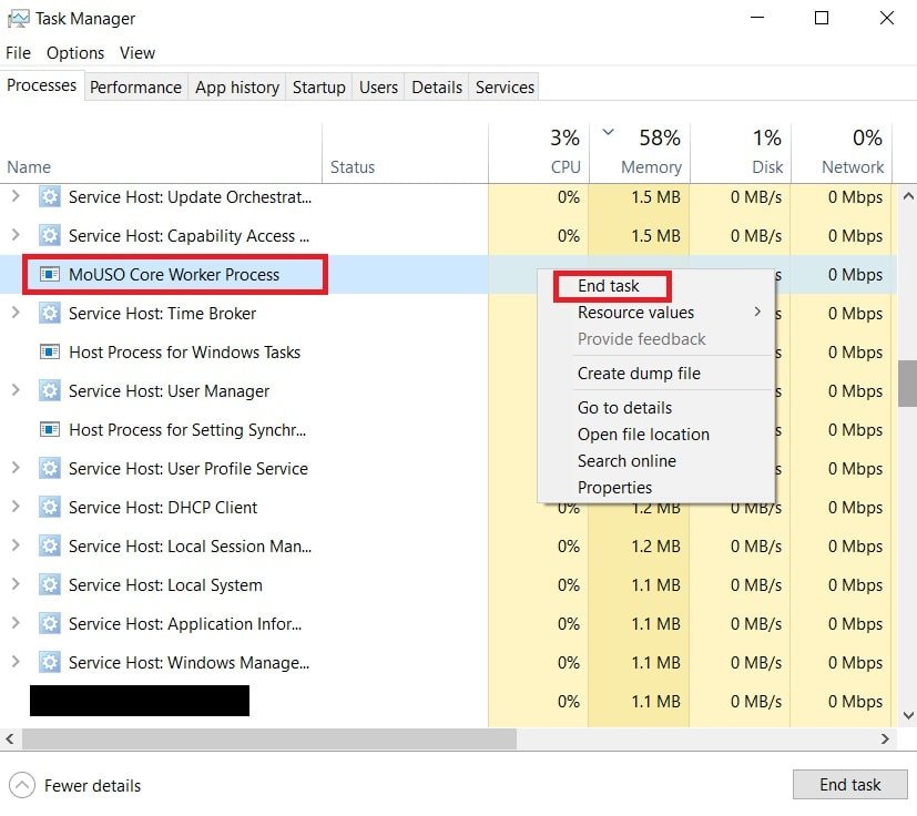 Opción de finalizar tarea.  Solucione el error de proceso MoUSO Core Worker MoUsoCoreWorker.exe en Windows 10
