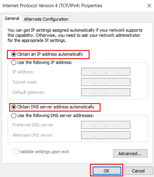Obtener una dirección IP automáticamente y la opción Obtener la dirección del servidor DNS automáticamente. Arreglar Battle.net esperando otra instalación o problema de actualización