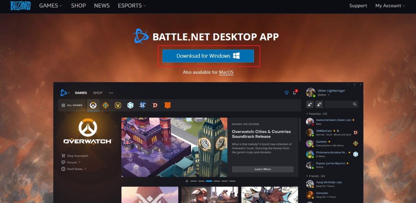Página de descarga oficial de Battle.net. Arreglar Battle.net esperando otra instalación o problema de actualización