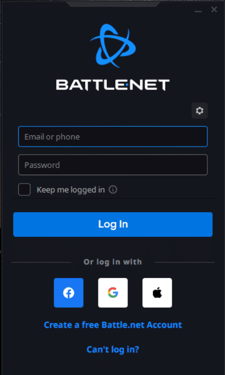 Ventana de inicio de sesión de la aplicación Battle.net. Arreglar otra instalación en curso en Windows 10