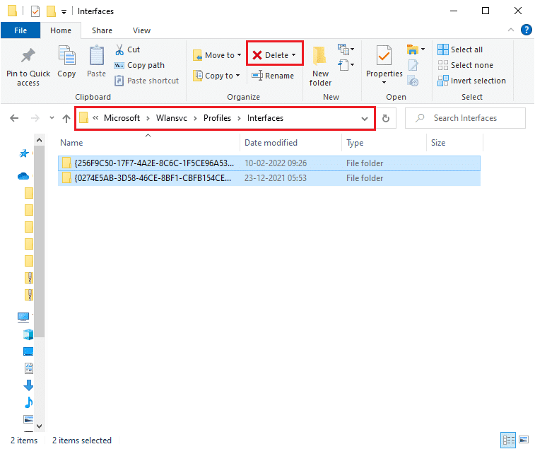 Navegue a C ProgramData Microsoft Wlansvc Profiles Interfaces ubicación y seleccione todas las carpetas presionando las teclas Ctrl A.  Arreglar la opción WiFi que no se muestra en Windows 10