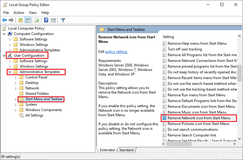 Ahora, navegue a la siguiente ruta de navegación.  Configuración de usuario Plantillas administrativas Menú de inicio y barra de tareas