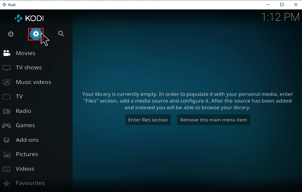 Seleccione el ícono de Configuración en el menú principal de Kodi