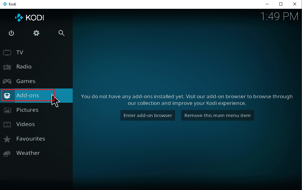 Regrese a la página del menú principal de Kodi y seleccione Complementos