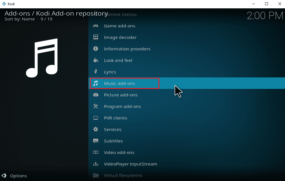 Seleccione la opción Complementos de música