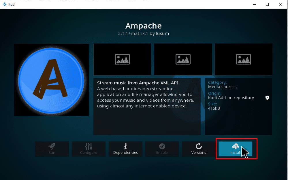 Haga clic en Instalar para instalar el complemento de música.  Cómo agregar música a Kodi