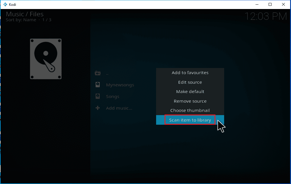 Seleccione la opción Escanear elemento a biblioteca.  Cómo descargar música a Kodi